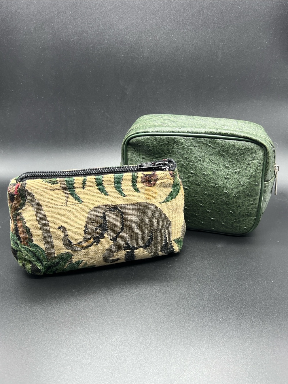 Doodle Bags Elephant Tapestry Pouch & Lancôme Green Faux Ostrich Cosmetic Bag